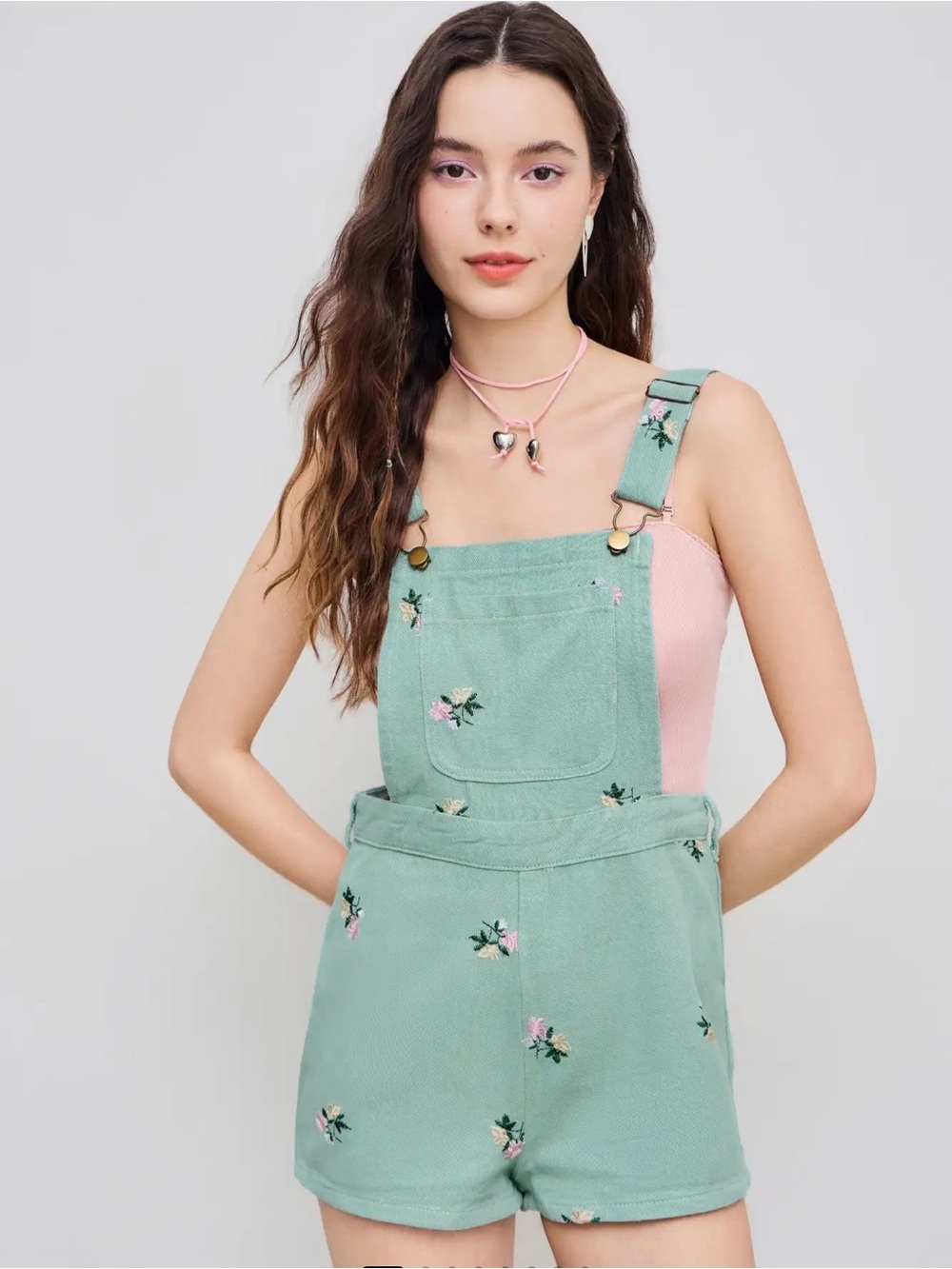 Cider Mint Green Floral short overalls Sz medium